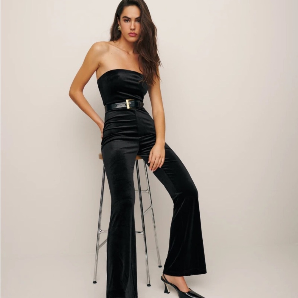 REVOLVE Romy Knit Black Strapless Velvet Flared Jumpsuit